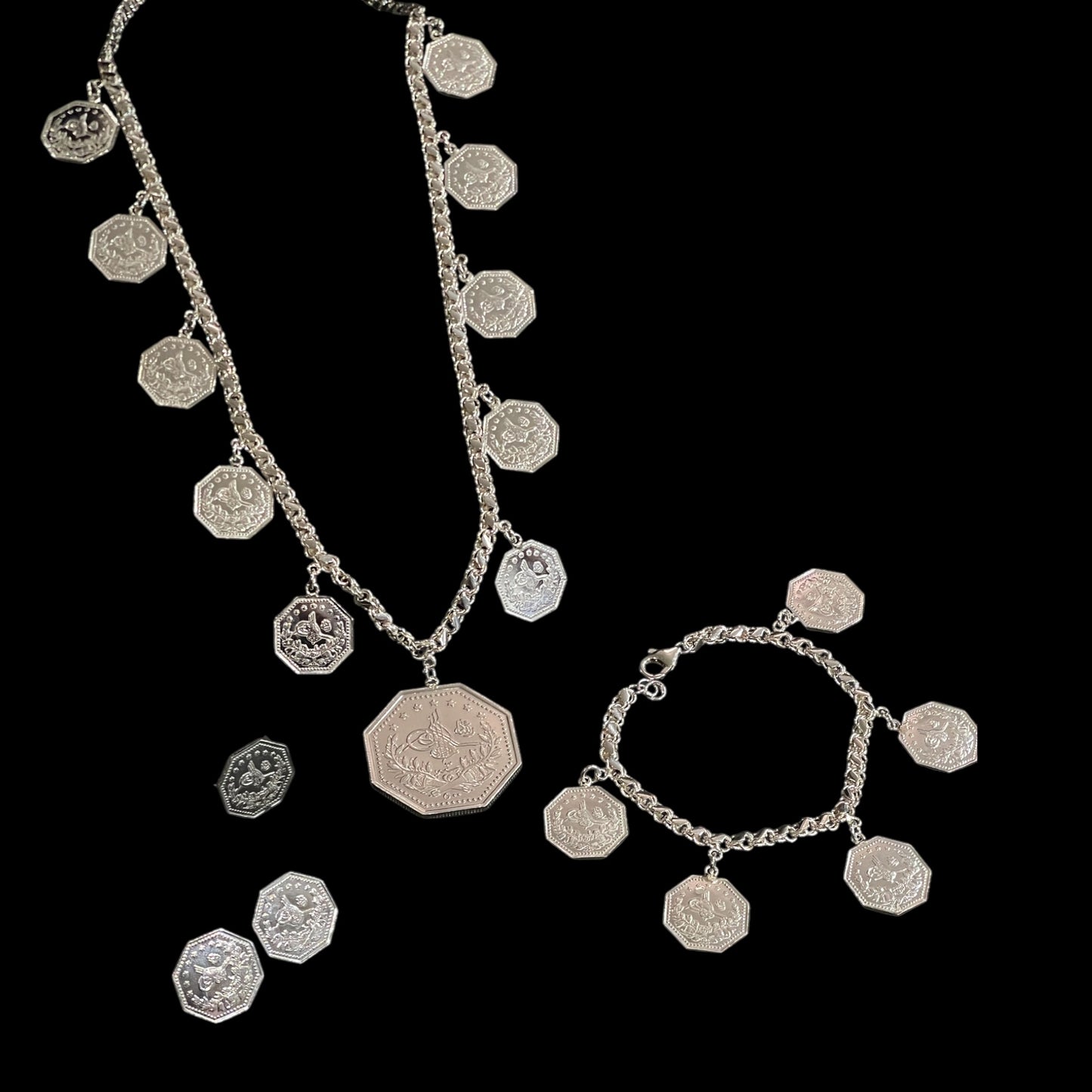 طقم أنصاص ليرات مع مخمس فضة 925